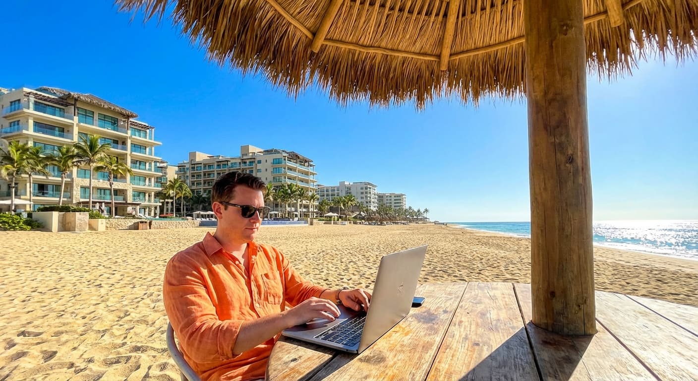 Person working on a laptop outdoors with a clear sky and beach backdrop.